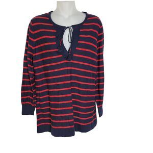 Ann Taylor LOFT Womens Sweater Small Navy Blue Red Striped Split Tie Neck Tassel